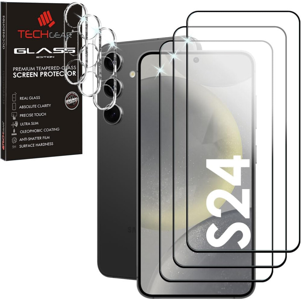 Techgear 3 + 3 Screen Protectors For Samsung Galaxy S24 5G With Camera Lens, Full Tempered Glass Screen & Lens Cover Protectors, 9H, Bubble Free