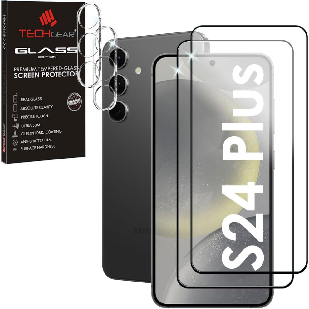 Techgear 2 + 2 Screen Protectors For Samsung Galaxy S24 Plus With Camera Lens, Full Tempered Glass Screen & Lens Cover Protectors, 9H, Bubble Free