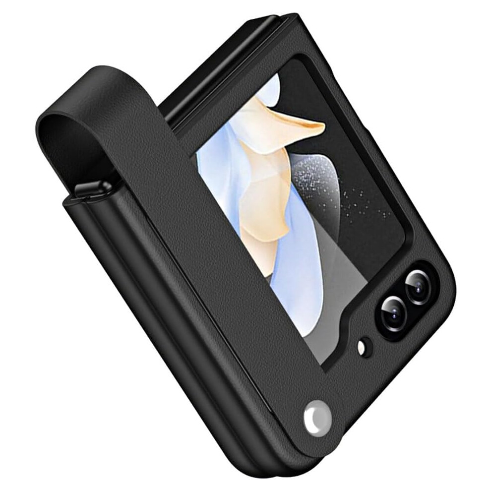 Techgear Samsung Galaxy Z Flip 5 Case, Z Flip 5 Leather Case With Leather Finger Holder, Hard Pc Shockproof Case