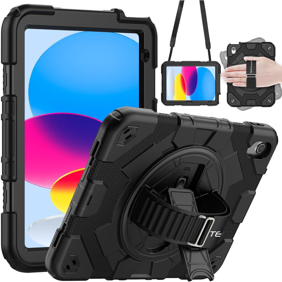 [SUPE Case] Tough Shockproof Fun Case with 360 Rotating Stand, Hand & Shoulder Strap for Apple iPad 10 10.9" 2022 10th Generation