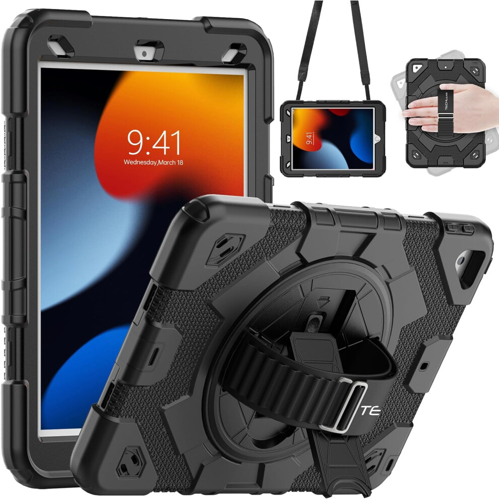 [SUPE Case] Tough Shockproof Fun Case with 360 Rotating Stand, Hand & Shoulder Strap for Apple iPad 10.2" 2021- 2019 [9th - 7th Gen] & iPad Air 3