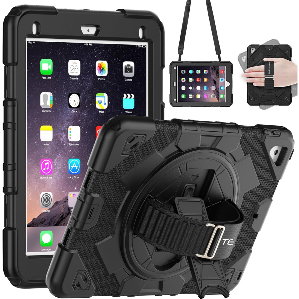 [SUPE Case] Tough Shockproof Fun Case with 360 Rotating Stand, Hand & Shoulder Strap for Apple iPad 9.7" (2018 / 2017) & iPad Air 2 & iPad Pro 9.7"