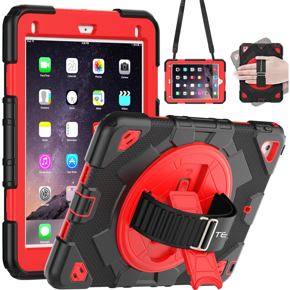 [SUPE Case] Tough Shockproof Fun Case with 360 Rotating Stand, Hand & Shoulder Strap for Apple iPad 9.7" (2018 / 2017) & iPad Air 2 & iPad Pro 9.7"