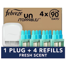 Febreze Unstoppables 3Volution Plug In Air Freshener Starter Kit, Plug-In Diffuser: 1 Plug + 4 Refill Sets, Electronic Odour Eliminator For Home