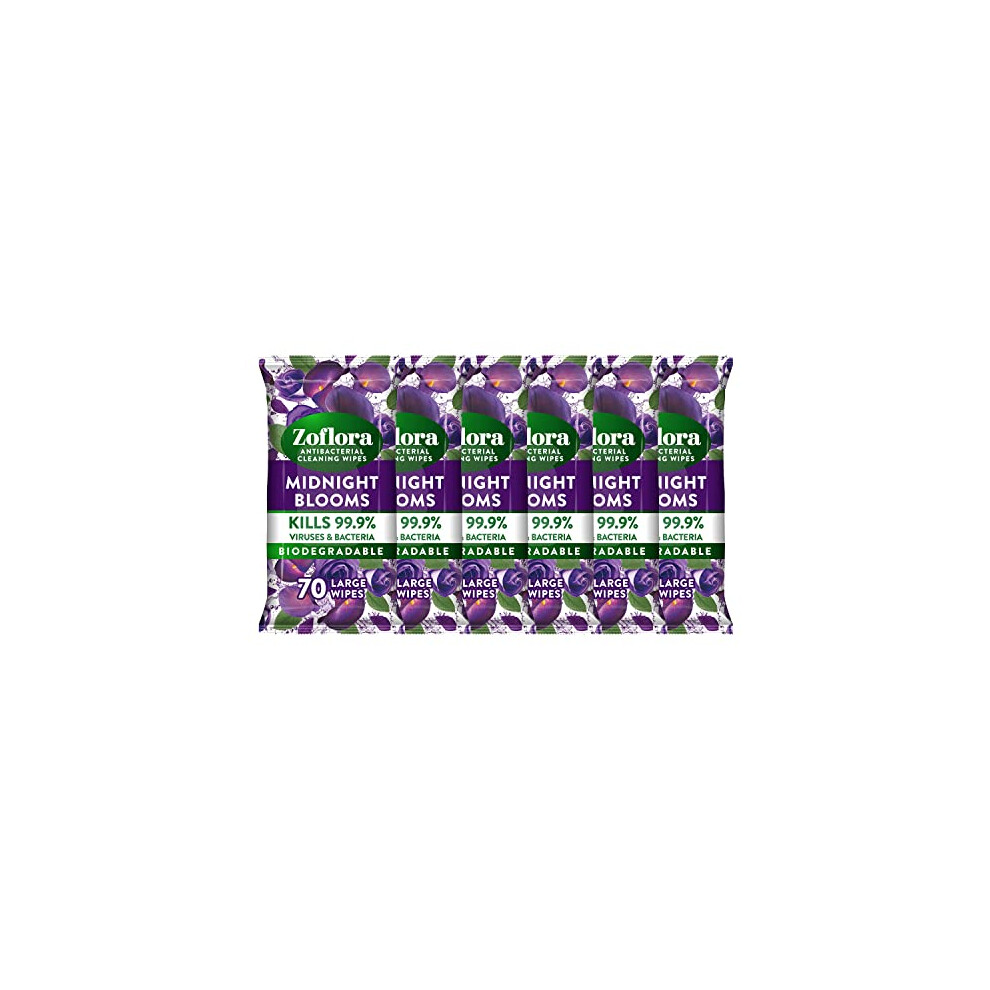 Zoflora Midnight Blooms 6 x 70 Large Wipes, Antibacterial Multi-surface Cleaning Wipes - Multipack Convenient, Quick Cleaning