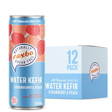 Nexba Naturally Sugar Free Strawberry & Peach Kefir Kombucha, 330 ml Sleek Can (Pack of 12)