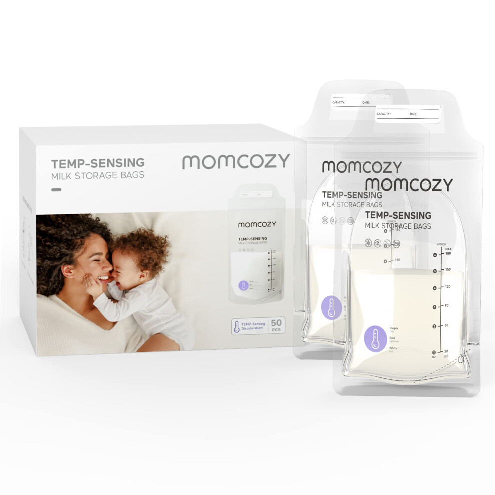 50PCS Momcozy Breastmilk Storing Bags, Temp-Sensing Discoloration Milk Storing Bags for Breastfeeding, Disposable Milk Storage Bag with 6oz Self