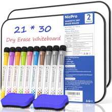 Nicpro 2PCS Dry Erase Whiteboard A4, Double Sided 21 x 30 cm White Board with Black Border, Including 10 Water-Based Pens and 2 Eraser for Kid Writing