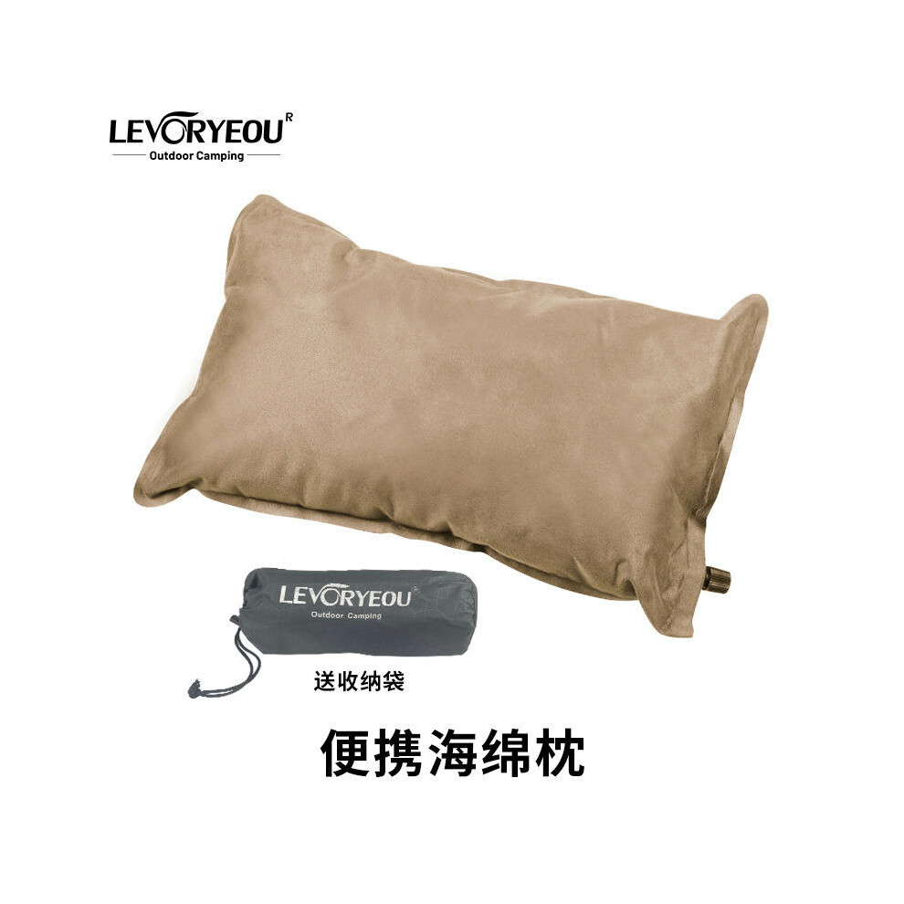 (Sea cotton pillow-Khaki-suede material) Automatic Inflatable Pillow Outdoor Camping Portable Sponge Sleeping Pillow Pillow Sleeping Pillow Tent Tent