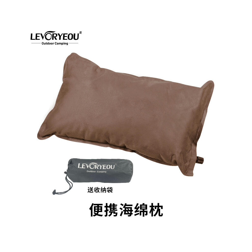 (Sea cotton pillow-brown-suede material) Automatic Inflatable Pillow Outdoor Camping Portable Sponge Sleeping Pillow Pillow Sleeping Pillow Tent Tent