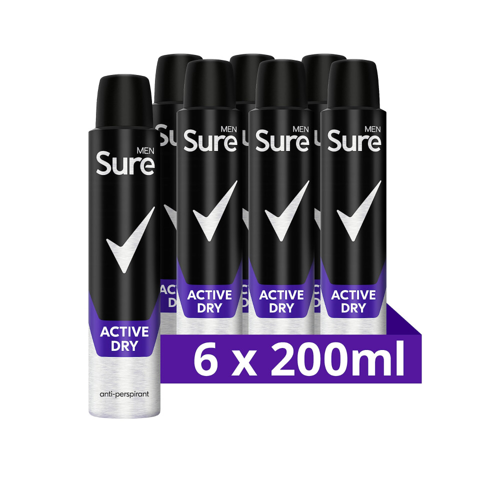 Men Active Dry Anti-Perspirant Aerosol pack of 6 deodorant for men for 48-hour sweat and odour protection 200 ml