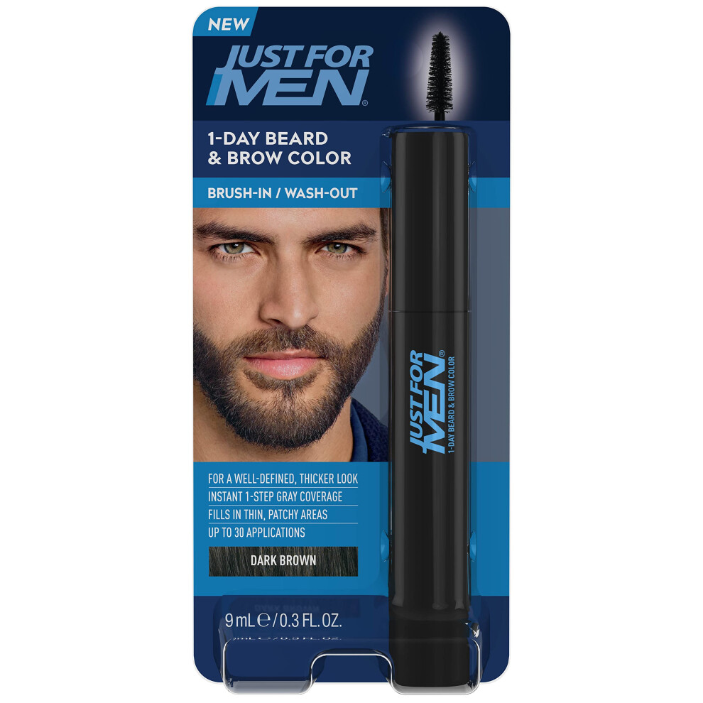 1-Day Beard and Brow Colour Brush, For Instant 1-Step Grey Coverage, Brush-In, Wash-Out, For A Thicker Well-Defined Look, Dark Brown