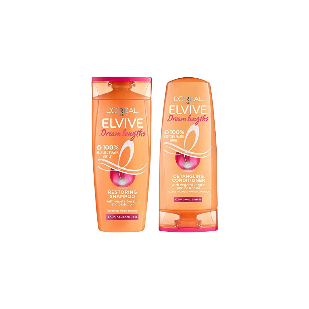 L'Oreal Paris Elvive Dream Lengths Shampoo and Conditioner Set for Long Hair, Nourishing & Strengthening Treatment to Prevent Hair Breakage, Enriched