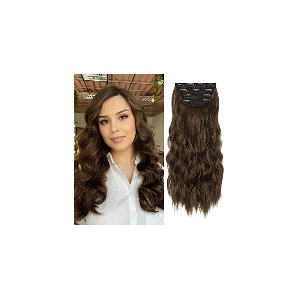 Alileader 20 Inches Dark Brown Hair Extensions Clip In, 4Pcs Synthetic Clip In Hair Extension, Curly Hair Extensions Clip In, Natural Thick Hair Extensions Wavy