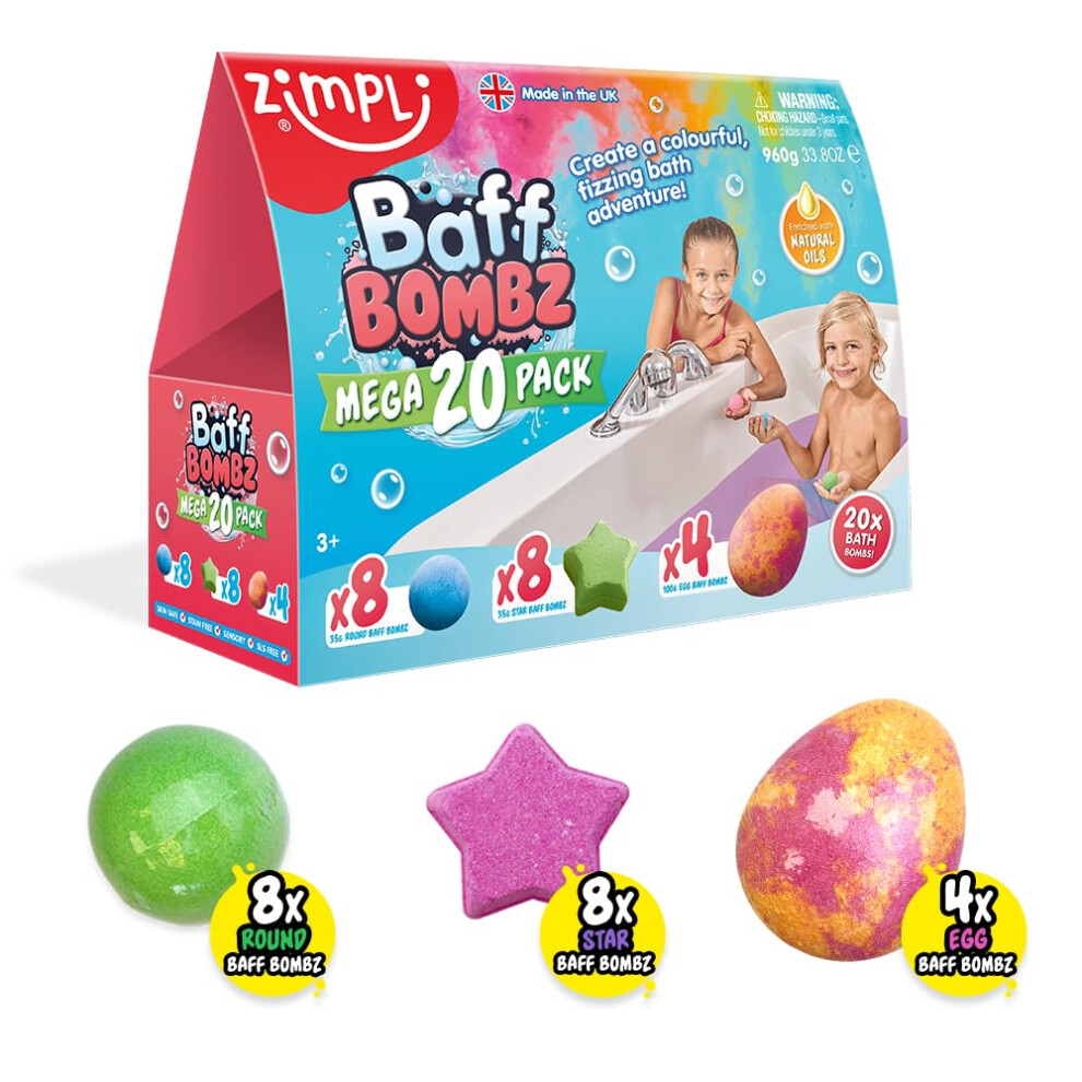 20 x Bath Bombs Mega Value Pack from Zimpli Kids, Create a Colourful, Fizzing Bath Time Adventure, Bath Fizzers Gift Set for Children, Birthday