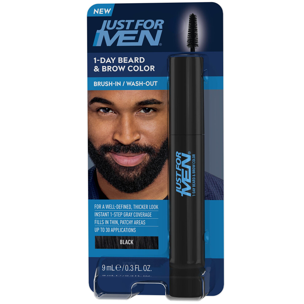 1-Day Beard and Brow Colour Brush, For Instant 1-Step Grey Coverage, Brush-In, Wash-Out, For A Thicker Well-Defined Look, Real Black