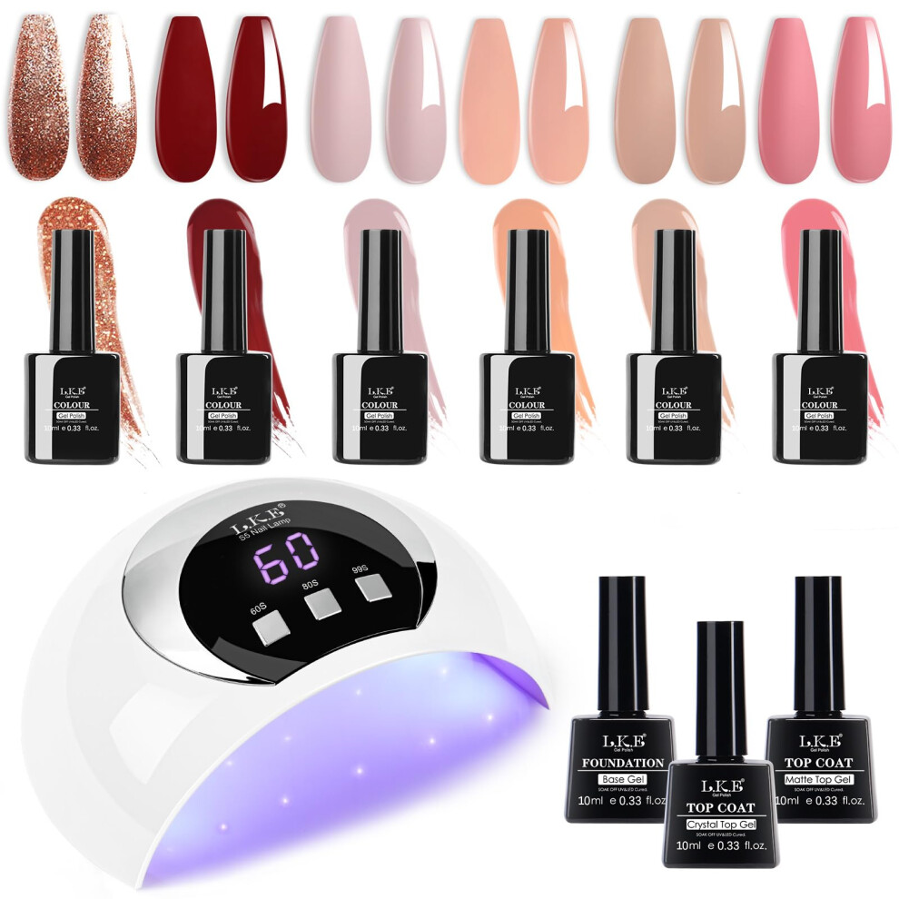 Gel Nail Kit 6 Colors Gel Nail Polishes Set with 54W UV Lamp for Gel Nails, Glossy & Matte Top and Base Coat, Pink Gray White Gel Nail Polish Set with