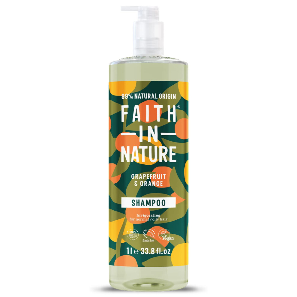 Faith In Nature Orange 1L Natural Grapefruit & Shampoo, Invigorating, Vegan & Cruelty Free, No Sls Or Parabens, For Normal To Oily Hair