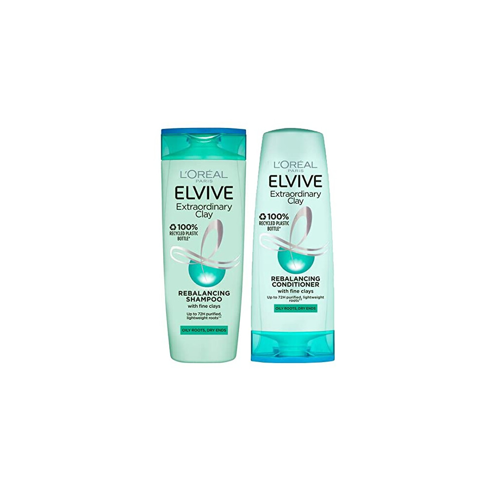 L'Oreal Elvive Extraordinary Clay Rebalancing Shampoo (400ml) & Conditioner (300ml) Set for Dry Roots & Dry Ends