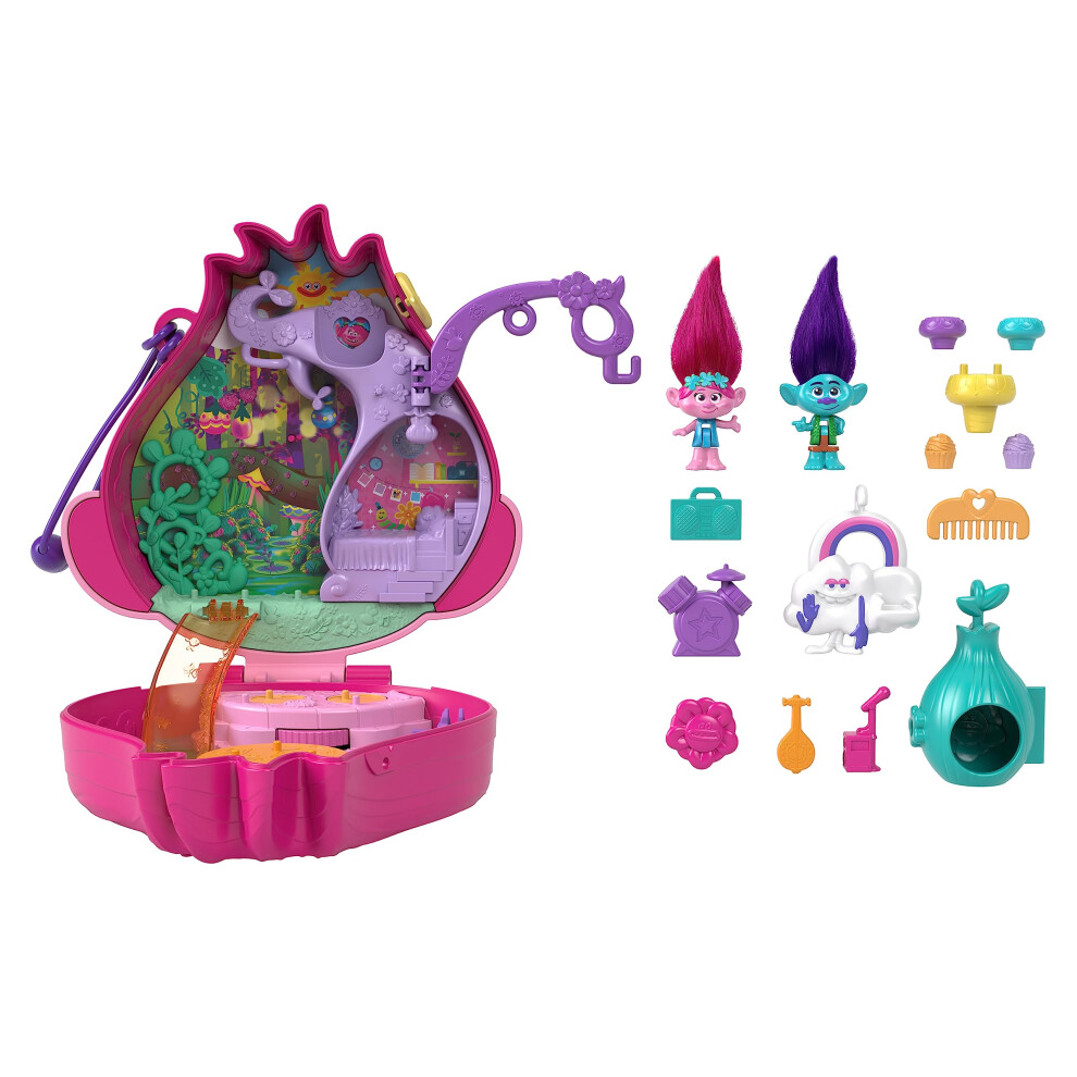 New Polly Pocket And Dreamworks Trolls Compact Playset With Poppy And Branch Dolls And 13 Accessories, Collectible Toy Inspired By Trolls Band Together, Hkv39