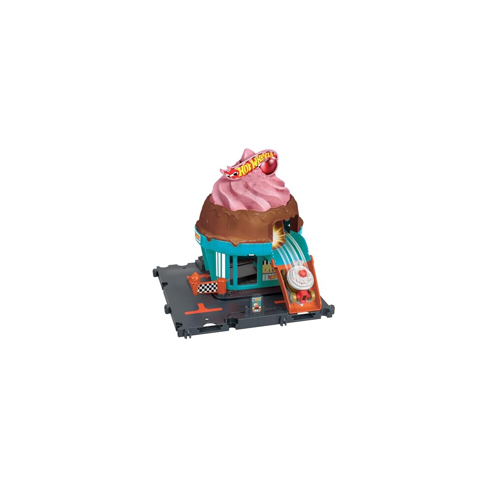 Hot Wheels City Downtown Ice Cream Swirl Playset With 1 Car - Connects To Other Sets (Htn77)