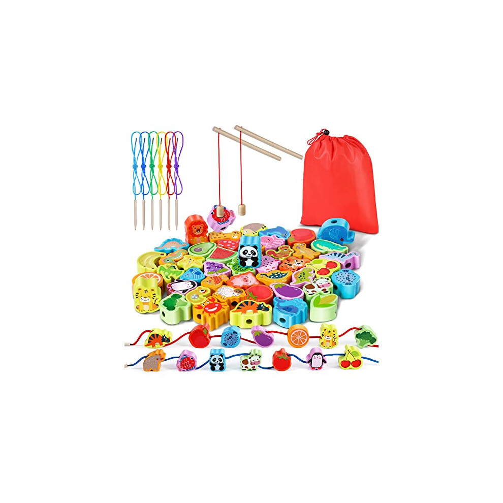 Photos - Other Toys 46 PCS Wooden Threading Toys - 2 in 1 Magnetic Fishing Montessori Toys for 2 3 Year Old Boys Girls | Animals Fruits Stringin