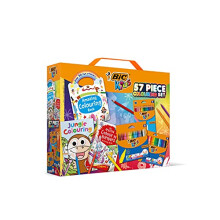Kids 57 Piece Colouring Set: 18 Colouring Pencils, 18 Felt Tip Pens, 18 Wax-Free Crayons, and 3 Colouring Books