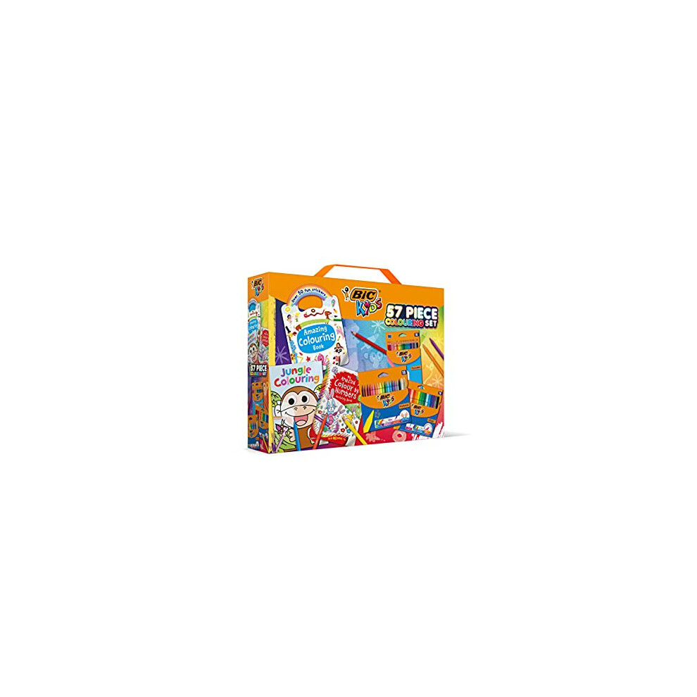 Kids 57 Piece Colouring Set: 18 Colouring Pencils, 18 Felt Tip Pens, 18 Wax-Free Crayons, and 3 Colouring Books