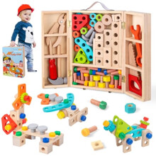 Wooden Toys Kids Tools Set for 2 3 4 5 Years Old Boys Girls Montessori Toys Wooden Tools Box, Toddlers Construction Toys 65 PCS Tool Kit Pretend Play