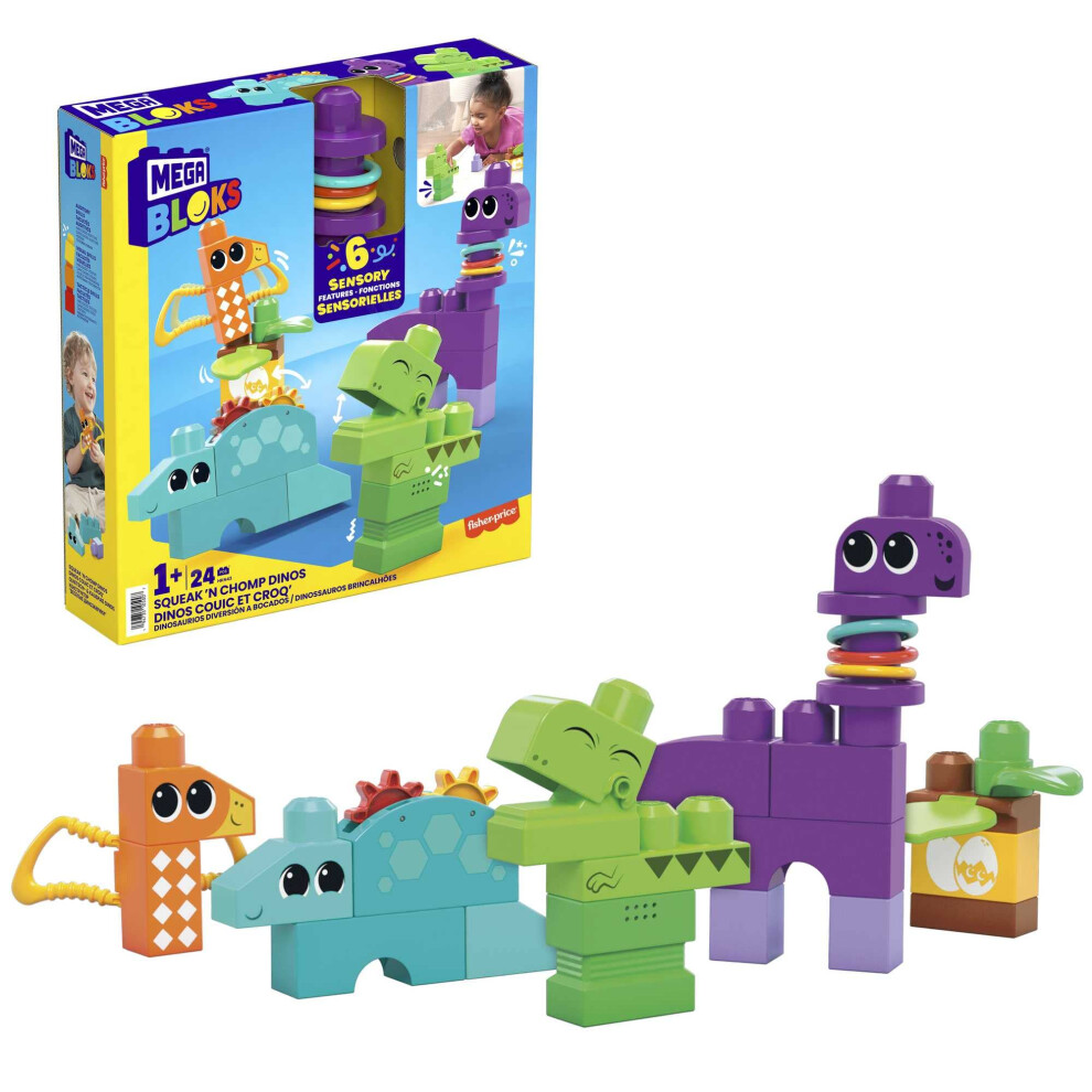 BLOKS Fisher-Price Sensory Building Toy, Squeak n Chomp Dinos with 24 Pieces, T-Rex, Toddler Blocks Gift Ideas for Kids Age 1+ Years, HKN43