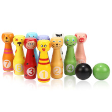 Wooden Bowling Set Skittles Toys with 10 Animal Pins 2 Balls Educational Toy Gift for Kids 2 3 4 5 Years and Up