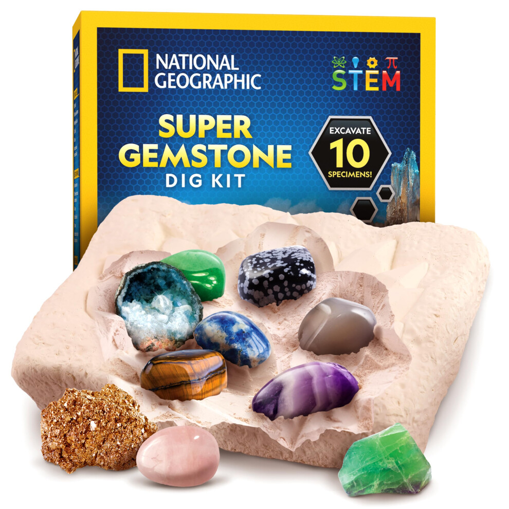 National Geographic Super Gemstone Dig Kit - Excavation Gem Kit With 10 Real Gemstones For Kids, Discover Gems With Dig Tools & Magnifying Glass, Science Kits For Kids