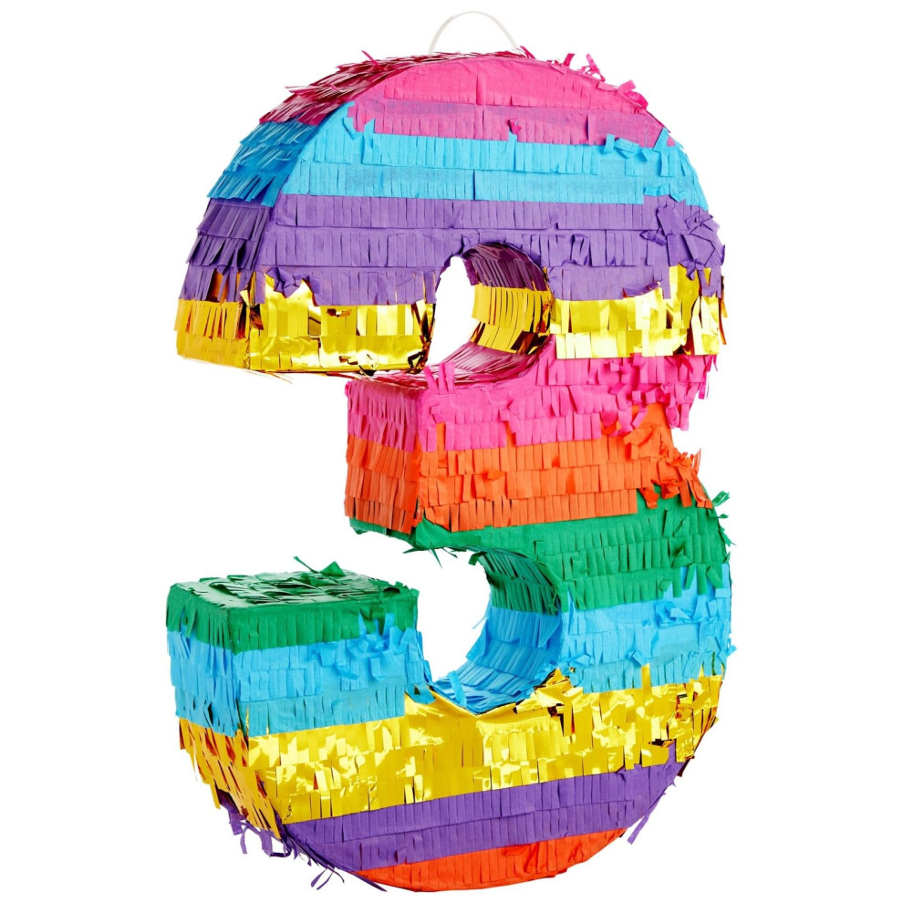 Petite piñata arc-en-ciel numéro 3 pour fête d'anniversaire des enfants (11,4 x 16,5 x 3 pouces)
