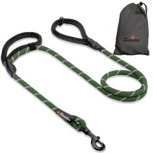 Rope Dog Lead, Green Strong Leash, 2 Padded Handles 5 FT - Medium, Large Dogs - Reflective, Weather Resistant.