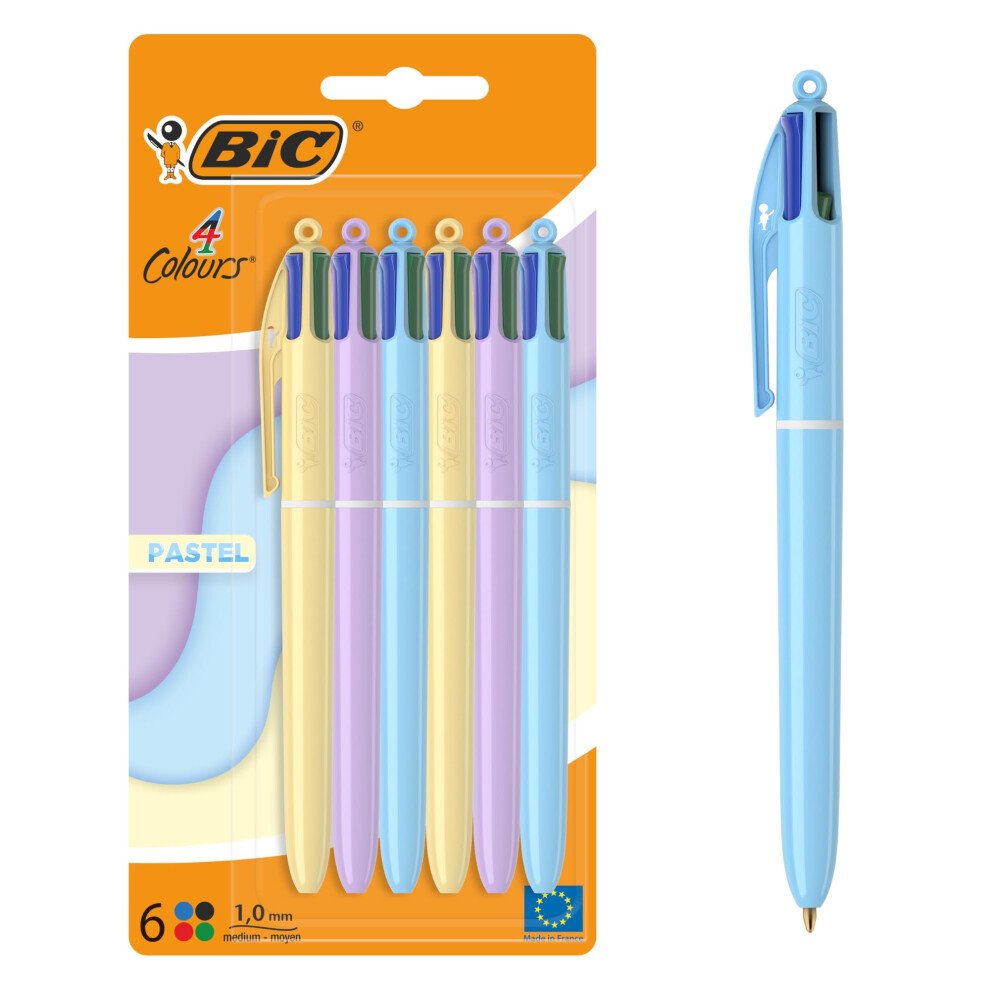 4 Colours Pastel Ball Pens with Medium Points (1.00 mm) - Assorted Colours, Pack of 6