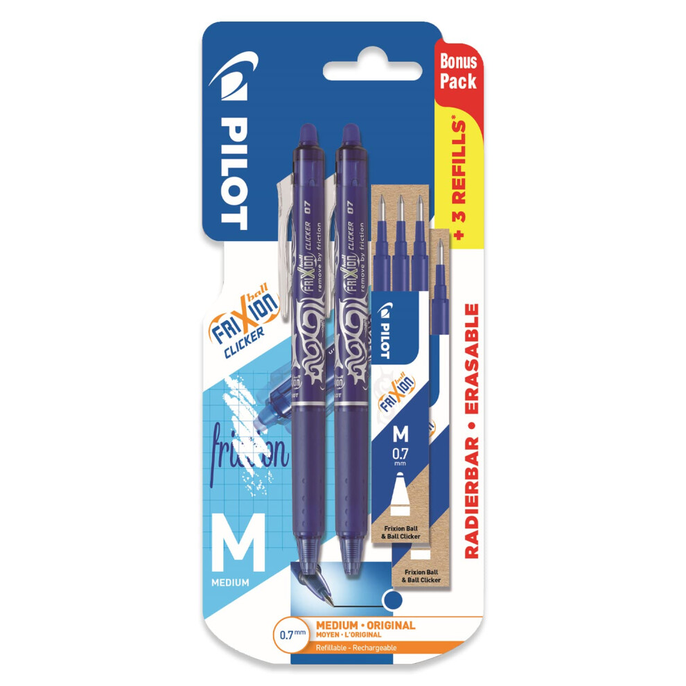 Frixion Clicker - Retractable Erasable Gel Ink Pens - Blue Ink - Medium 0.7mm Nib - Blister Pack of 2 + 6 Bonus Refills