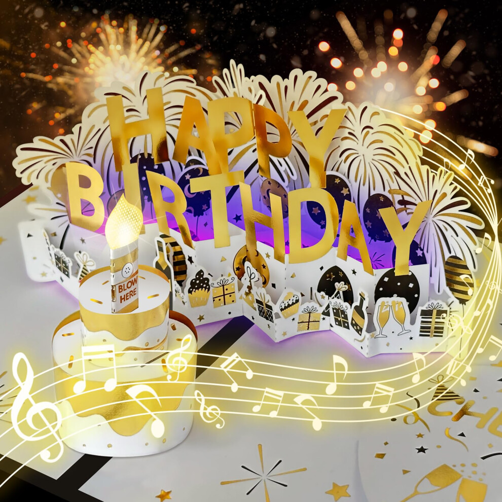 Birthday Card, Musical Birthday Cards with Blowable LED Light Candle Happy Birthday Song Large Birthday Cake Pop up Greeting Cards Birthday Gift Card