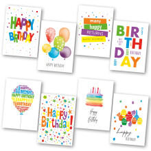 Birthday Cards Multipack of 32. Each Birthday Card box includes 8 Colourful Happy Birthday Card Designs. Blank Inside. Bulk Birthday Cards and