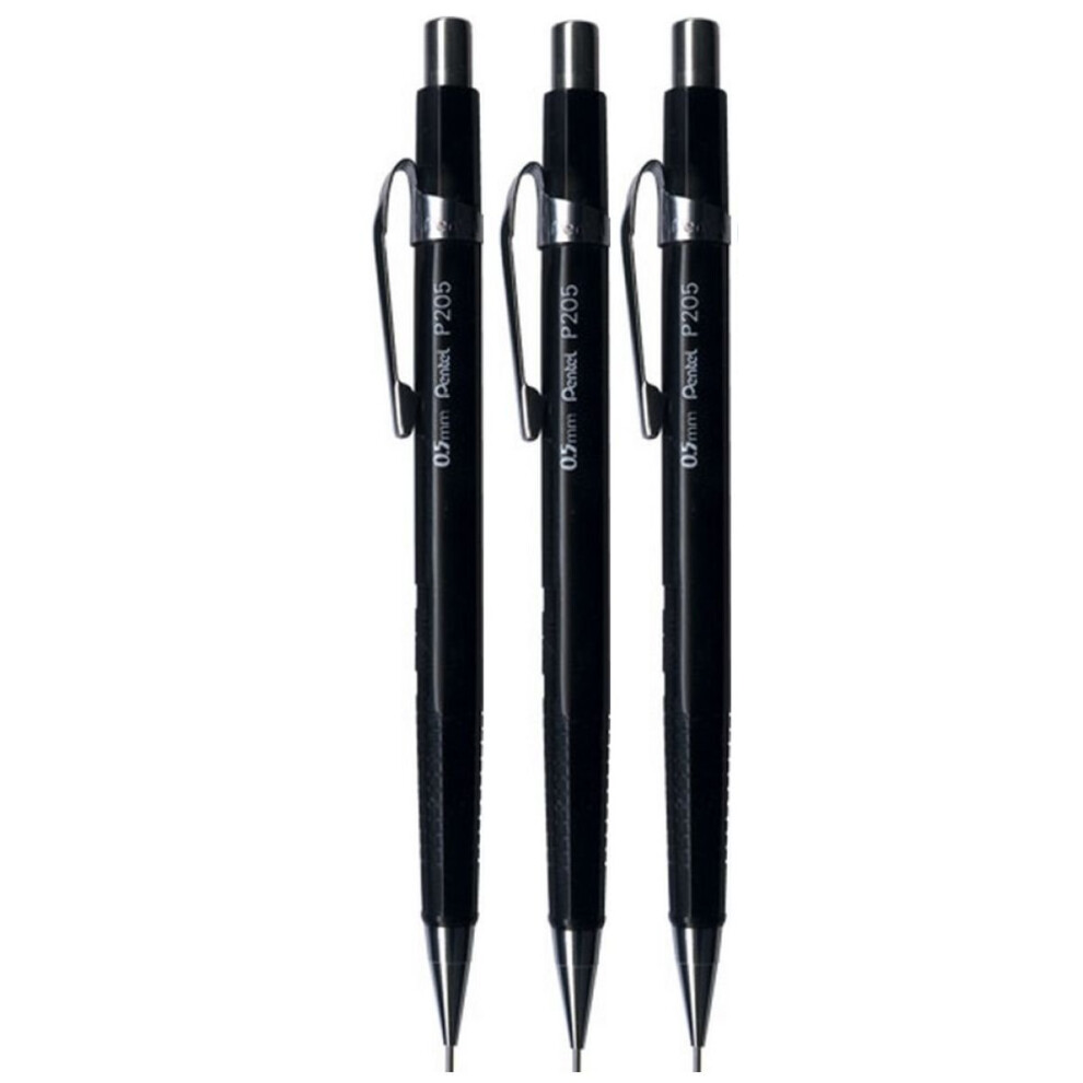 0.5mm (P205) Black P200 Series Automatic Mechanical Draughting Pencil Refillable Lead Eraser P205-A (Pack Of 3)