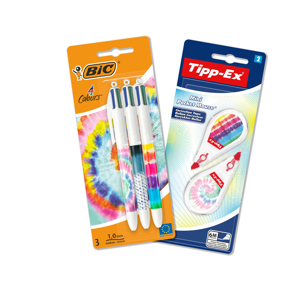 Tie Dye Desk Set with BIC 4 Colours Decor Tie Dye Ball Pens and Mini Pocket Mouse Decors Correction Tapes - Assorted Designs, Bundle of 3+2