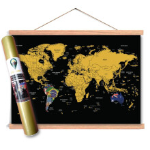 Scratch Off Map with Flags background with wooden poster frame mount in tube – Deluxe Travel Size World Map Poster with frame – Frame with leather