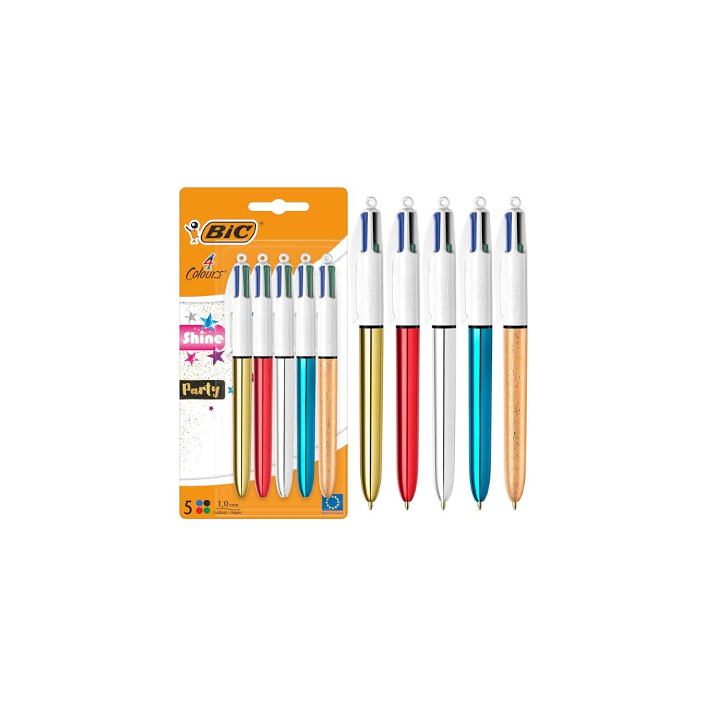 4 Colours Shine and Party Retractable Ball Pens Medium Point (1.00 mm) in Metallic Silver, Gold, Red, Blue, and Frosty Gold - Pack of 5