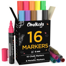 Liquid Chalk Pens & Metallic Colors - Pack of 16 Chalk Markers - for Chalkboard, Blackboards, Window, Glass, Bistro | 6mm Reversible Bullet & Chisel