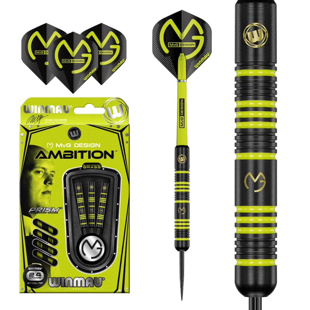 Michael Van Gerwen MvG Ambition Brass 24g Professional Steel Tip Darts Set with Flights and Shafts (stems)