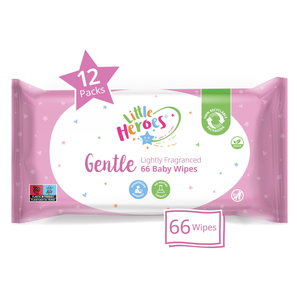Biodegradable Baby Wipes, Wet Wipes For Sensitive Skin, Lightly Fragranced (12 Packs X 66 Wipes Totaling 792 Wipes) Little Heroes