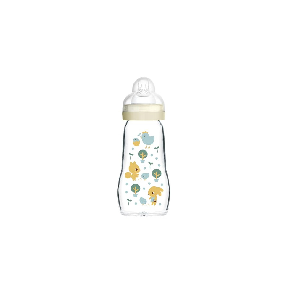 Feel Good Glass Bottle Pack of 1 (1 x 260 ml), MAM Bottle with Medium Flow MAM Teats Size 2, Newborn Essentials, MAM Baby Bottles for 2+ Months, Blue