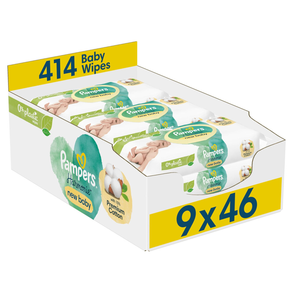 Harmonie New Baby Wipes Plastic Free 9 Packs of 46, 414 Baby Wet Wipes, Unscented, Helps Protect from Skin Irritation