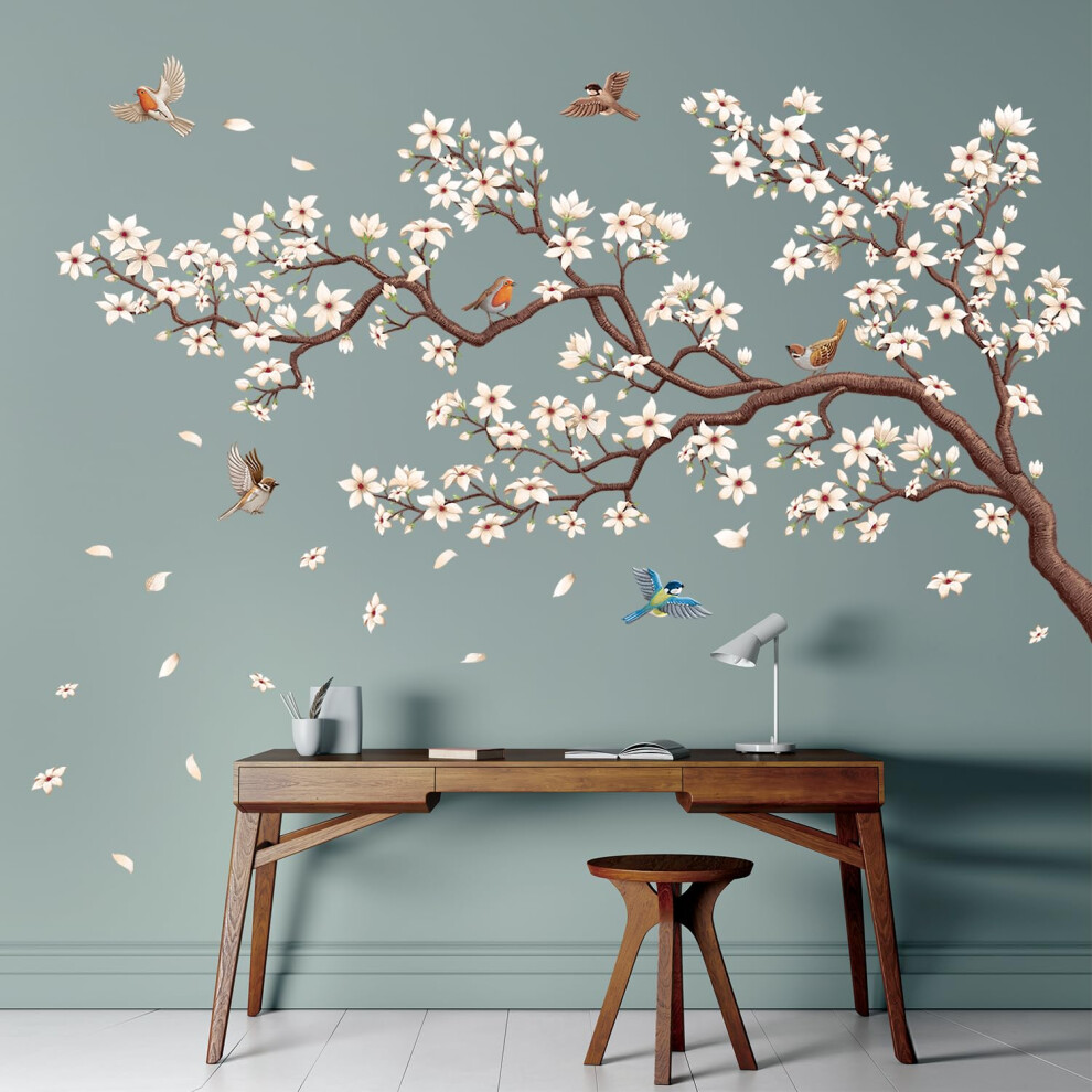 Decowall White/Pink Sg4-2317 Cherry Blossom Tree Wall Stickers Birds On Flower Branch Decals Removable For Nursery Bedroom Living Room Art Home Decor Mural