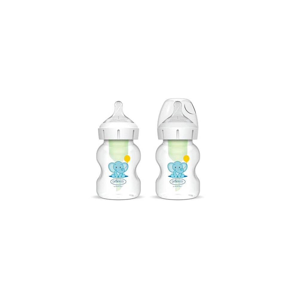 Dr. Brown's Natural Flow Anti-Colic Options+ Wide-Neck Baby Bottle, 5oz/150ml, with Level 1 Teats, 2-Pack, Elephant