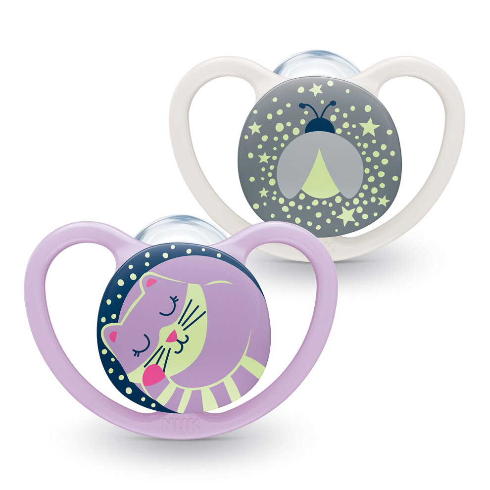 Space Night Pacifier | 0-6 Months | Glow Effect Dummies with Extra Ventilation | BPA Silicone | Cat and Fireflies | Pack of 2